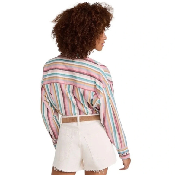 Xirena Pink Sunrise Banded Neck Long Sleeve Ruffle Striped Jensen Shirt Size S - Picture 3 of 12